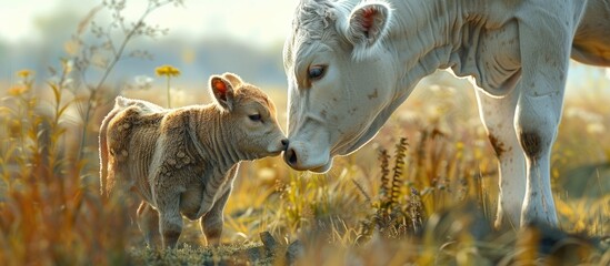 Poster - A grazing calf nursed by a cow with a natural background and copy space image