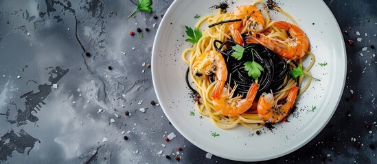 Poster - Shrimp with black ink sauce served over spaghetti creating a visually appealing dish with a copy space image