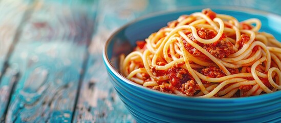 Poster - A close up photo of spaghetti with meat sauce in a blue bowl with copy space image included