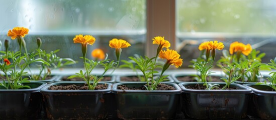 Poster - Marigold seedlings blooming in a box on the windowsill with a blank space for an image. . image with copy space