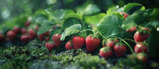 Poster - Close up image of strawberries growing in a garden with copy space image