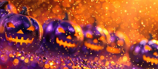 Poster - Purple jack o lantern faces on a vibrant glittery orange background create a festive Halloween decor with a holiday theme and a spooky atmosphere in the copy space image