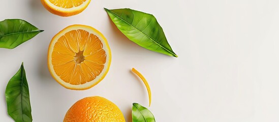 Poster - Isolated orange fruit with leaves and half on a white background with a full depth of field and clipping path for the copy space image