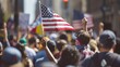 © Shozib - Diverse activists in city streets wave american flag, united for democracy and freedom. Spirited march symbolizes unity and patriotism in society