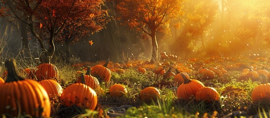 Poster - Autumn themed pumpkin patch scene with copy space image