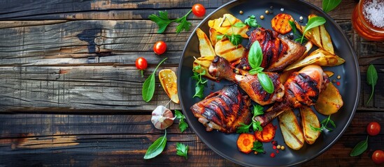 Poster - A plate featuring grilled chicken legs served with vegetables and chips over a rustic wooden table with empty space for further items creating a wonderful copy space image