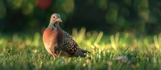 Aufkleber - Observing a Spotted Dove also known as Spilopelia Chinensis perched on grass in a copy space image