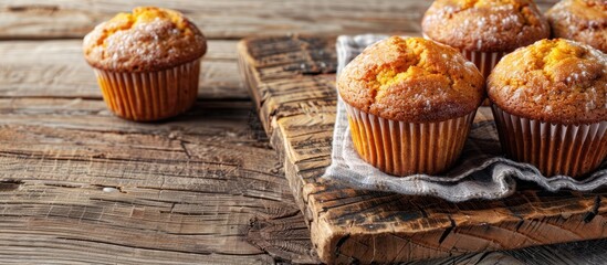 Poster - Pumpkin muffins presented on a rustic wooden table with a blank copy space image