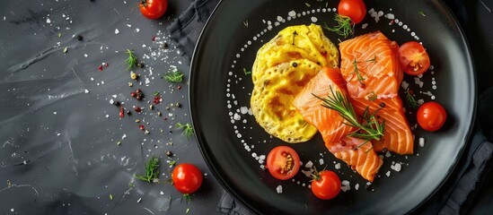 Poster - Salmon appetizer and potato omelet are house specialties and look delicious in a copy space image