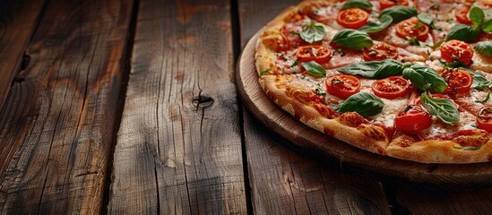 Poster - Margherita pizza with tasty toppings displayed on a rustic wooden table with ample copy space image