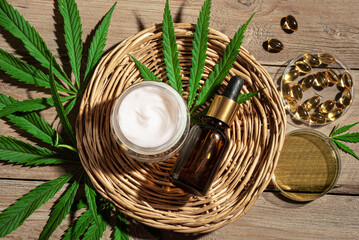 Poster - Hemp cannabis leaves and cbd oil products