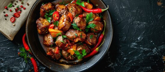 Poster - Close up plate of pomana porcului a delectable Romanian dish made of fried pork and sausages served with mamaliga and pickled red peppers on a dark background with copy space image