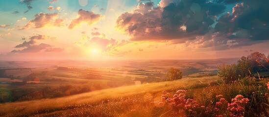 Wall Mural - Sunset over rural landscape with beautiful colors and a vast copy space image