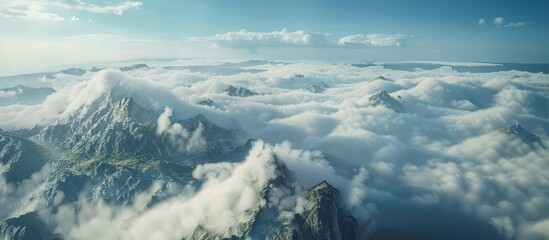 Poster - A scenic aerial perspective overlooking clouds from a towering peak with copy space image