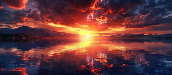 Wall Mural - Dramatic sunset sky over a lake with copy space image