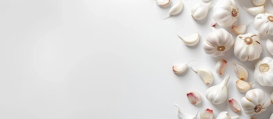 Garlic arranged on a white backdrop with copy space image