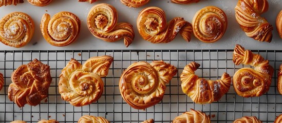 Poster - Variety of homemade puff pastry pastries like palmiers and elephant ears displayed on a cooling rack with copy space image
