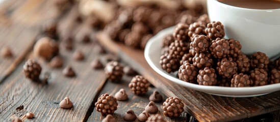 Poster - Close up of chocolate cereal balls scattered on a board with a white teacup creating an aesthetic arrangement with copy space image