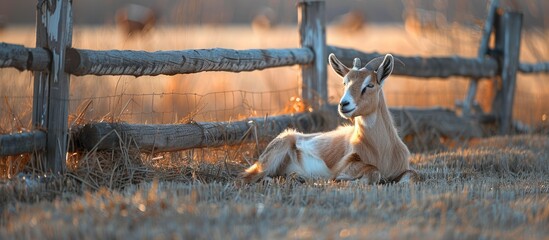 Poster - A goat resting near a wooden fence at the farm creating a picturesque scene with ample copy space image