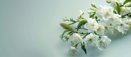 Aufkleber - Nature presents a delicate branch of white jasmine spring flowers against a serene background with ample copy space image for text