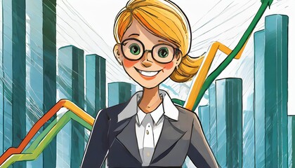 Wall Mural - Businesswoman with a bar graph in the background. Illustration. Vector.