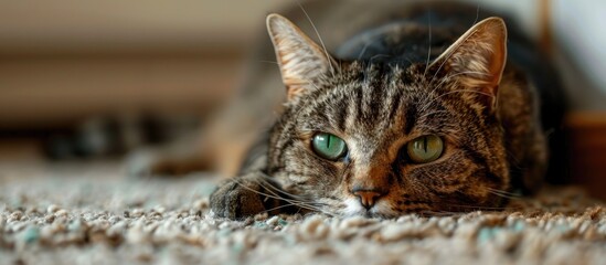 Poster - Close up of a brown tabby cat with green eyes resting on the carpet with copy space image included
