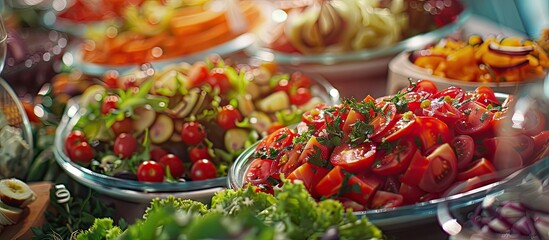 Poster - A colorful array of fresh vegetables as a side dish option at a banquet captured in a close up copy space image
