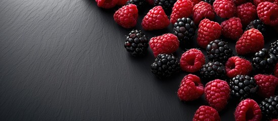 Poster - Red and black raspberries displayed on a black backdrop with a clear area for text or design a copy space image
