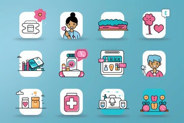 Sticker - Diverse medical icons set featuring healthcare symbols medications patient care and medical facilities ideal for health related illustrations and designs