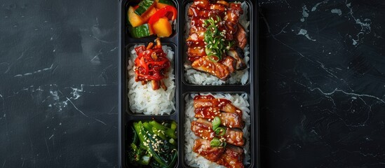Poster - A bento box with spare ribs and green veggies is available for purchase on the train depicted in the copy space image