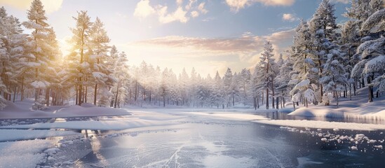Poster - A forest surrounds a frozen lake covered in snow and ice under the sunny winter sky providing a serene winter setting with ample copy space image