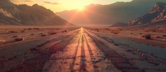Poster - Asphalt highway stretching straight toward mountain backdrop in the serene sunset perfect for a copy space image