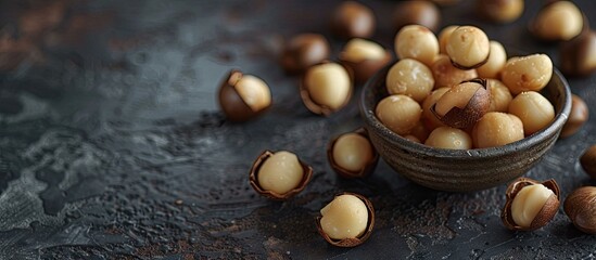 Poster - Vegetarian friendly roasted macadamia nuts in shells displayed on a dark textured concrete surface providing a compelling setting for a copy space image