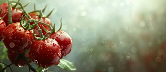 Poster - Detailed close up image of fresh tomatoes hanging on a plant with copy space image