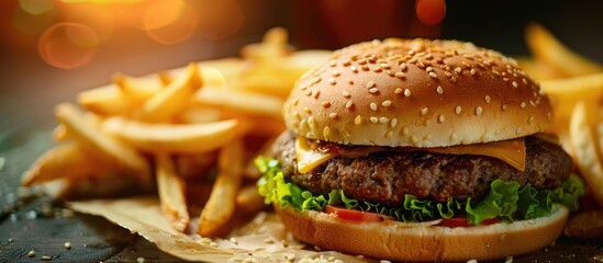Poster - Delicious dark wheat burger with lettuce served with French fries in a fast food setting creating an appetizing copy space image