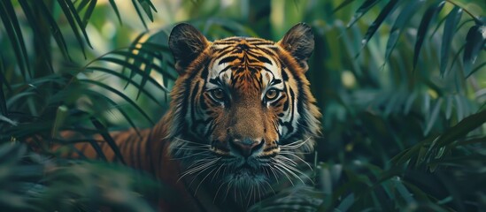 Poster - Solitary tiger in a jungle setting with a dramatic copy space image