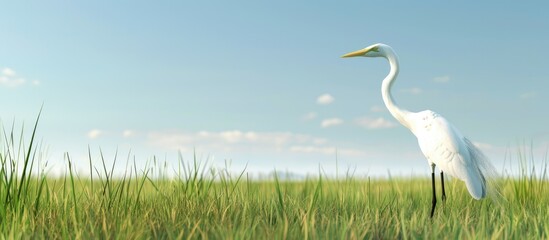 Aufkleber - White egret a large wading bird strolling through a grassy field with an expanse of empty space for text or other elements in the image. . image with copy space