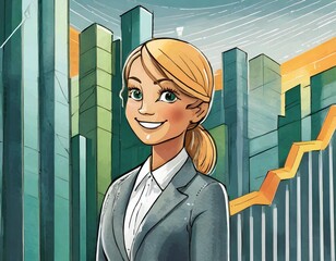 Wall Mural - Businesswoman with a bar graph in the background. Illustration. Vector.