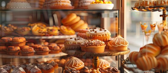 Poster - Close up of artisan Spanish confectionery shop displaying fresh baked pastries and sweets with copy space image