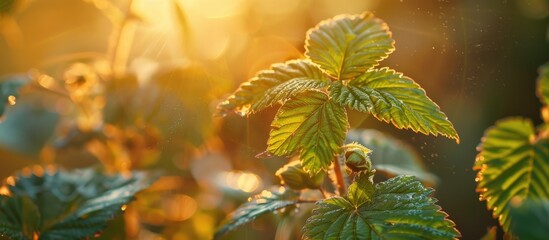 Poster - Raspberry leaves up close in the garden during sunset with shallow depth of field for a natural feel Copy space image