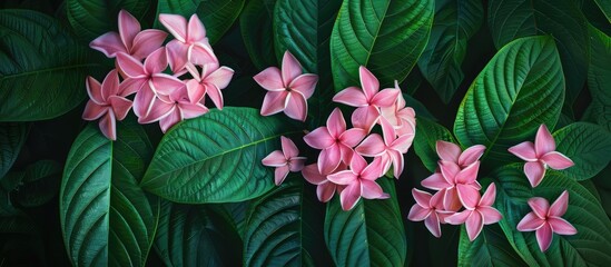 Aufkleber - Pentas lanceolata flowers in delicate pink hues are in full bloom surrounded by lush green leaves creating an elegant display in a copy space image