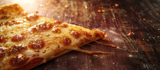 Poster - A freshly baked pizza slice topped with gooey melted cheese displayed on a rustic wooden table with copy space image included