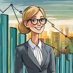 Wall Mural - Businesswoman with a bar graph in the background. Illustration. Vector.