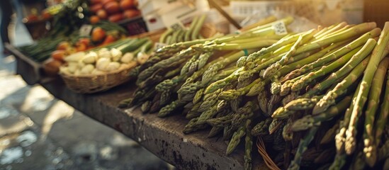 Poster - Fresh asparagus displayed in a market with copy space image available