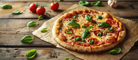 Poster - Margherita pizza with tasty toppings displayed on a rustic wooden table with ample copy space image