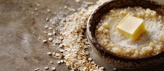 Poster - Close up of buckwheat porridge with a piece of butter shown in a copy space image