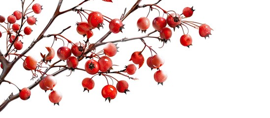 Poster - Red ripe hawthorn berries are displayed on branches in a harvest of medicinal plants for treating vitamin deficiency and high blood pressure with a blank space for adding images.