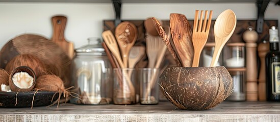Poster - Wooden and brown coconut shell kitchen utensils with a focus on glass shells create an exotic theme in the kitchen with natural elements ideal for a breathtaking copy space image