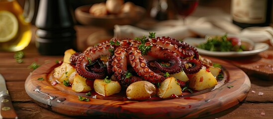 Aufkleber - Traditional Spanish cuisine featuring a Galician octopus meal served on a wooden platter with potatoes and cabbage accompanied by a rustic setting and copy space image
