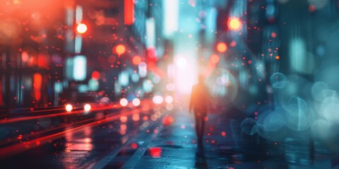 A figure walks on a rainy city street at night, lit by neon lights, creating a contemplative atmosphere